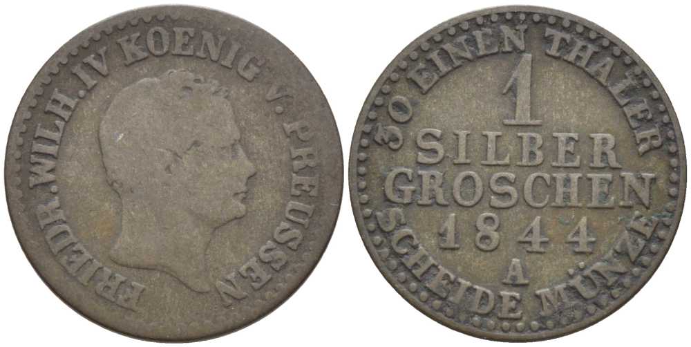 ПРУССИЯ 1 ГРОШ 1844 А, ФРИДРИХ ВИЛЬГЕЛЬМ IV (1840-1861) KM 435 серебро 201-626