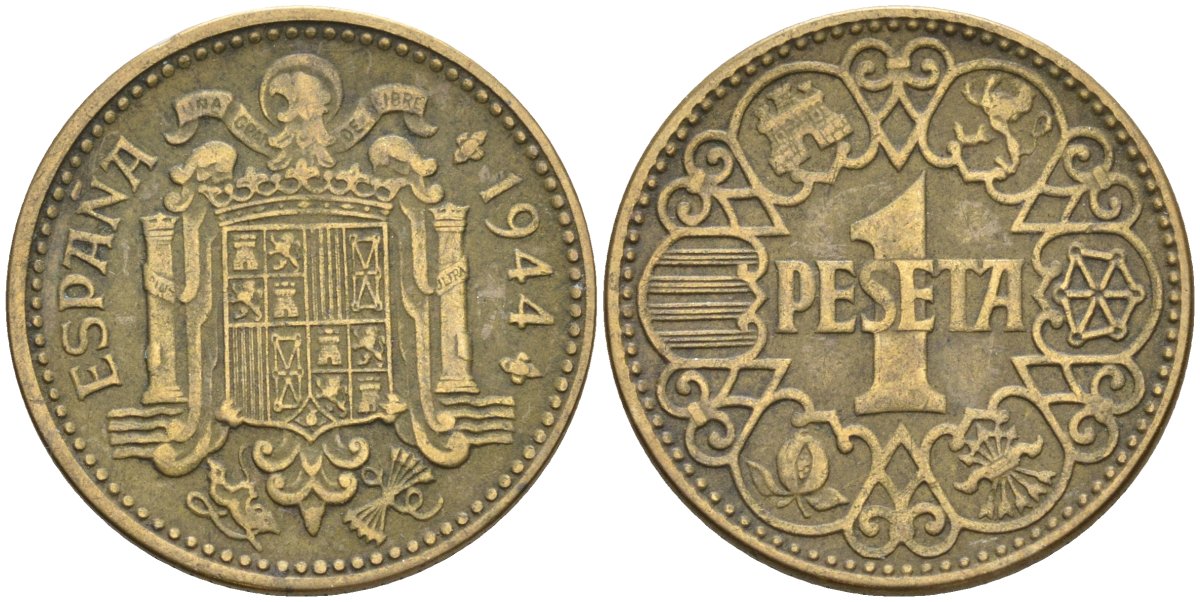 Испания 1 песета 1944 национальное правительство (1939 - 1947) KM 767 алюминиевая бронза 4604-317