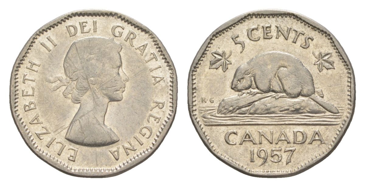 Канада 5 центов 1957 Елизавета II (1952-2022), бобр KM 50a никель 4630-663