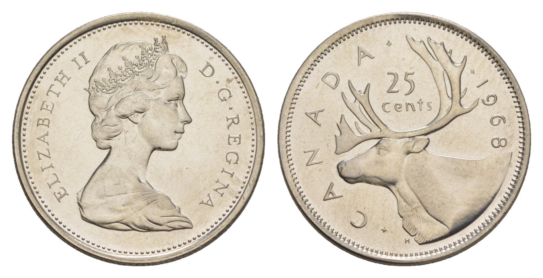 Канада 25 центов 1968 Елизавета II (1952-2022), олень KM 62b никель BU 4541-537
