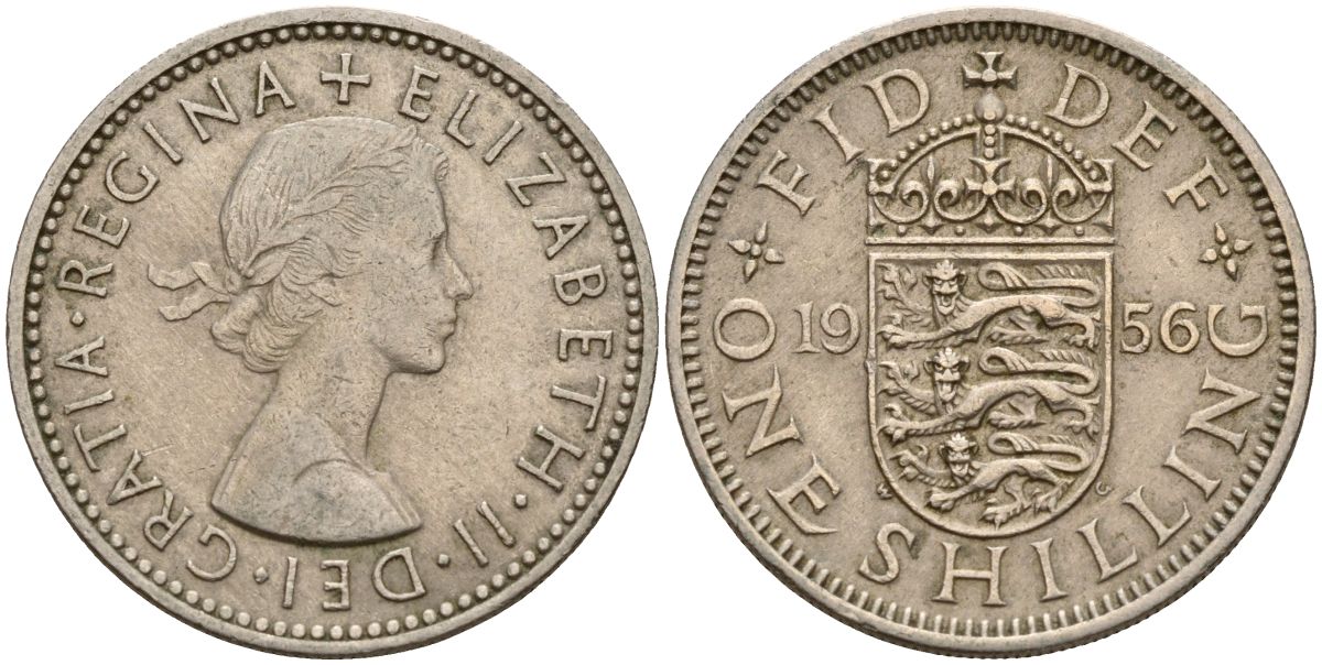 Великобритания 1 шиллинг 1956 Елизавета II (1952-2022), Английский герб KM 904, Spink 4147 медно-никель 4150-736