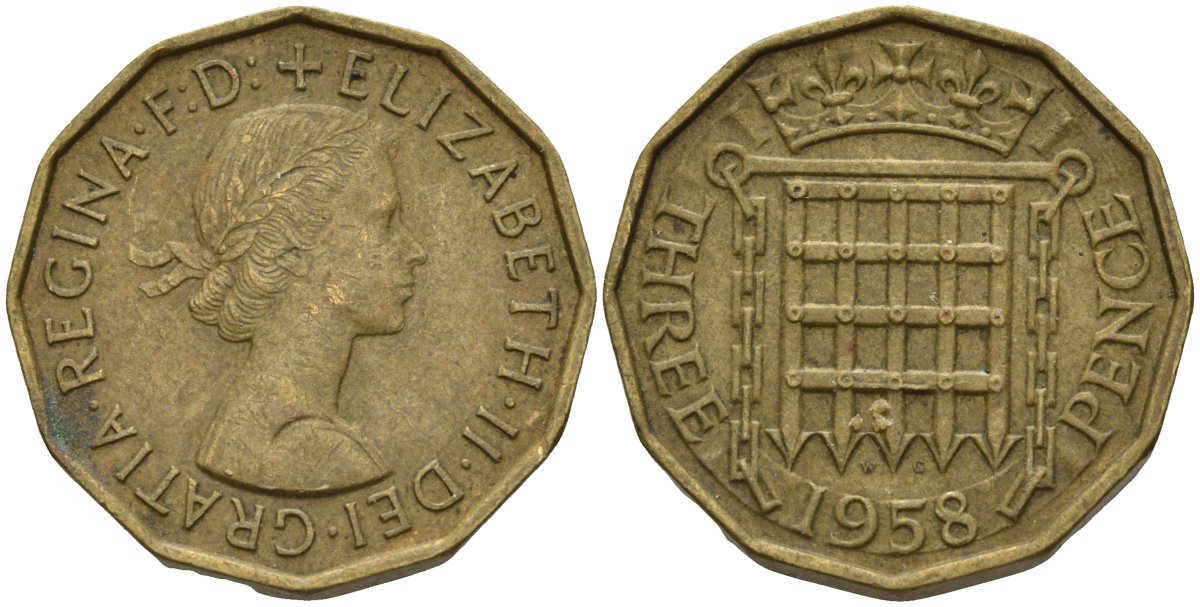 Великобритания 3 пенса 1958 Елизавета II (1952-2022) KM 900, Spink 4153 никель латунь 4146-343