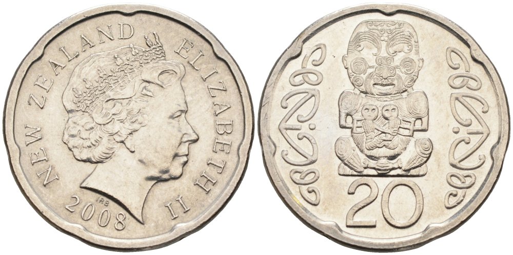 Новая Зеландия 20 центов 2008 Елизавета II (1952-2022), идол Пукаки KM 118а никелированная сталь 4579-1214