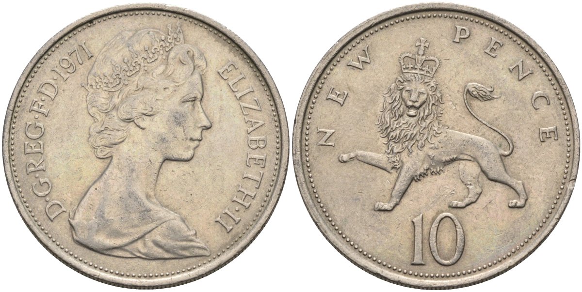 Великобритания 10 пенсов 1971 Елизавета II (1952-2022) KM 912, Spink 4231 (F1) медно-никель 4587-924