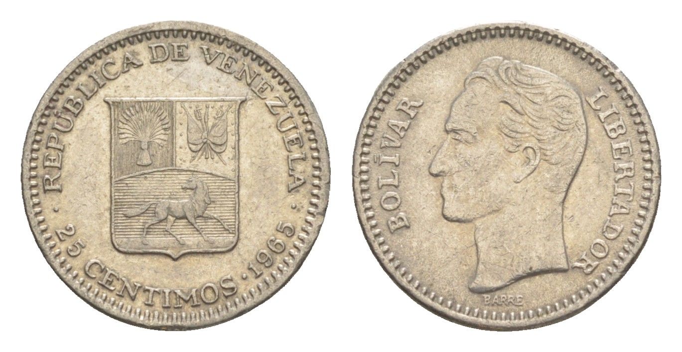Венесуэла 25 сентимо 1965 Симон Боливар Y 40 никель 4613-265