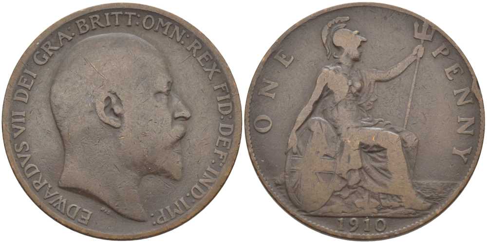 Великобритания 1 пенни 1910 Эдуард VII (1901-1910) KM 794.2, Spink 3990 бронза 111-836
