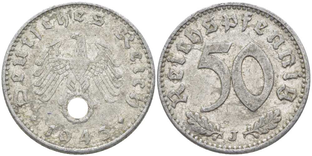 ГЕРМАНИЯ 50 РЕЙХСПФЕННИГОВ 1943 J KM 96, J. 372 алюминий 210-616