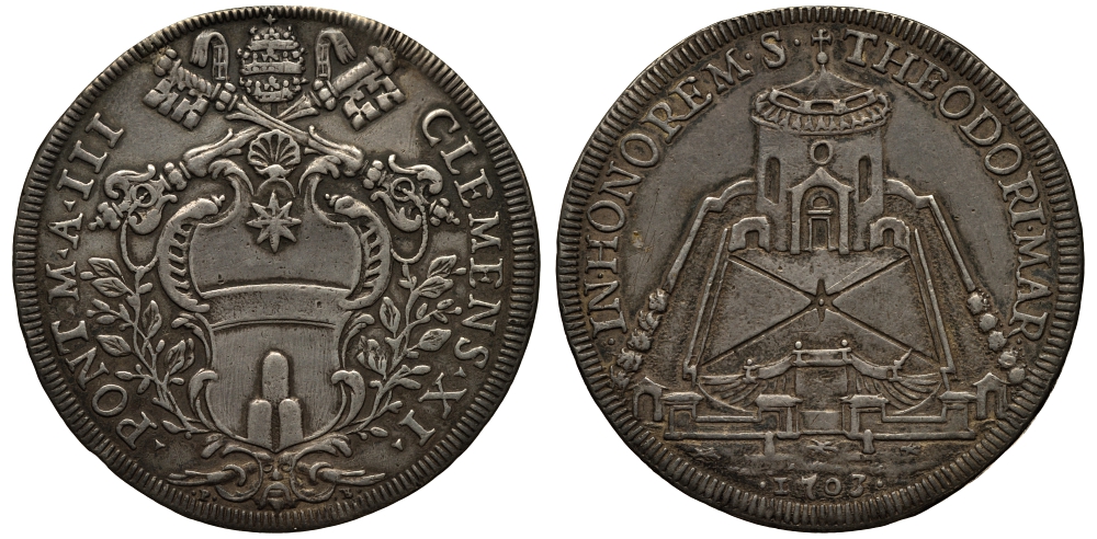 Ватикан 1 пиастр 1703 Климент XI. Базилика Святого Теодора на Палатине Dav. 1431, Muntoni 40 серебро 10-005-31