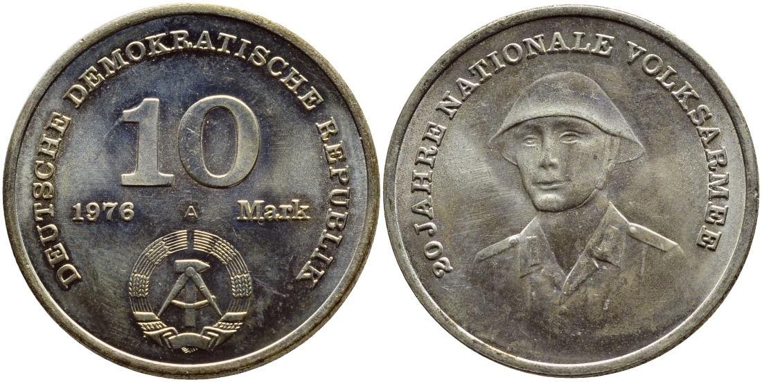 ГДР 10 марок 1976 А, 20 лет национальной народной армии KM 61, J. 1560 медно-никель UNC 3897-1115