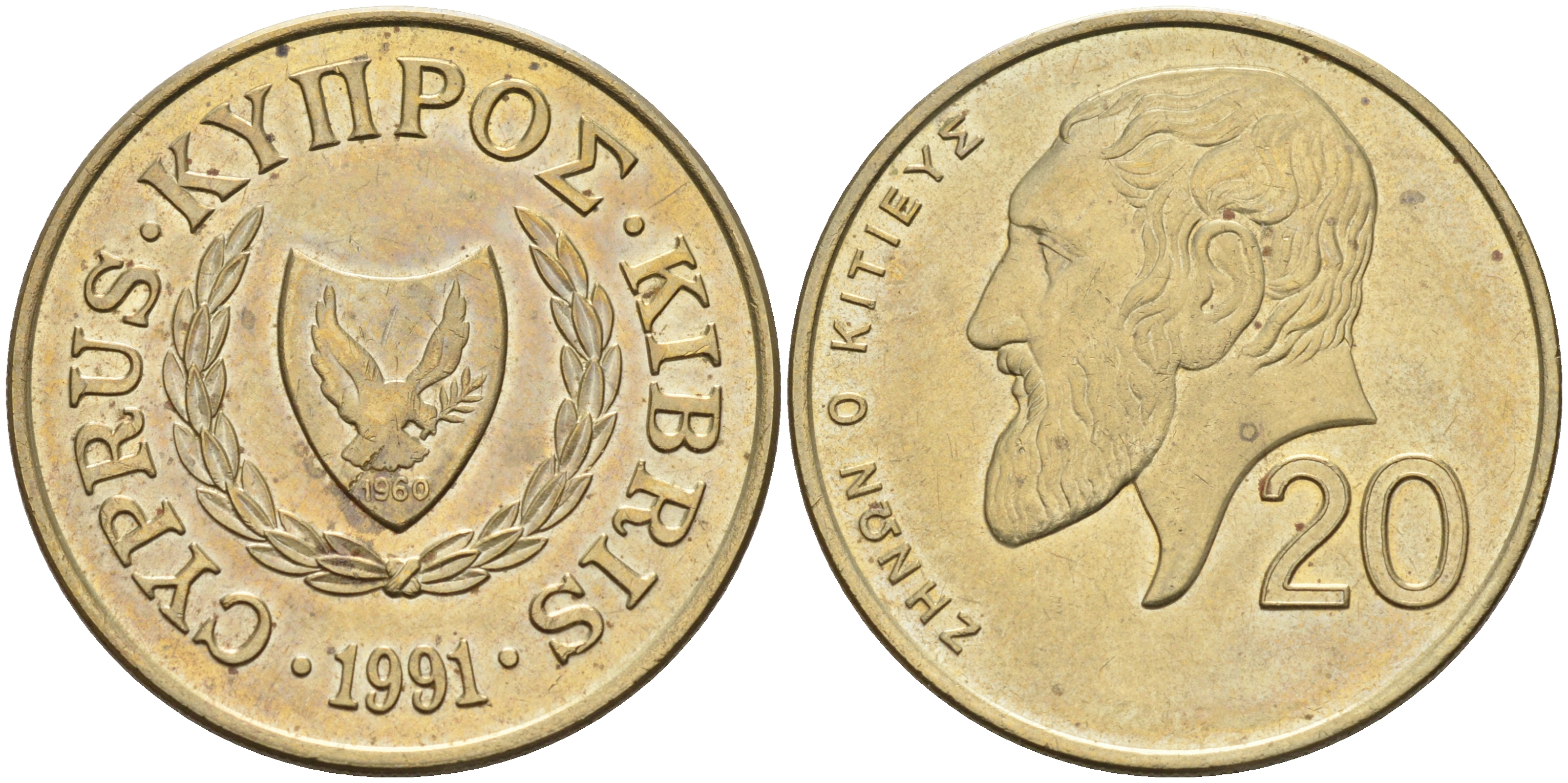 Кипр 20 центов 1991 Зенон Китийский KM 62.2 никель латунь    4595-941