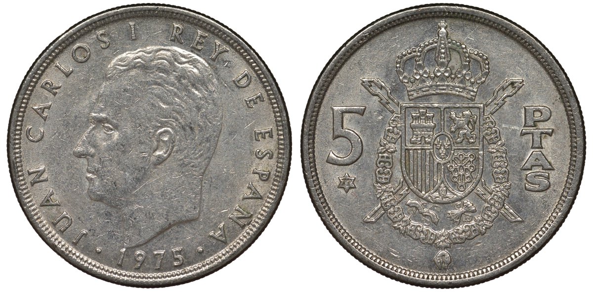 Испания 5 песет 1975 (77) Хуан Карлос I (1975-2001) KM 807 медно-никель 4128-1015