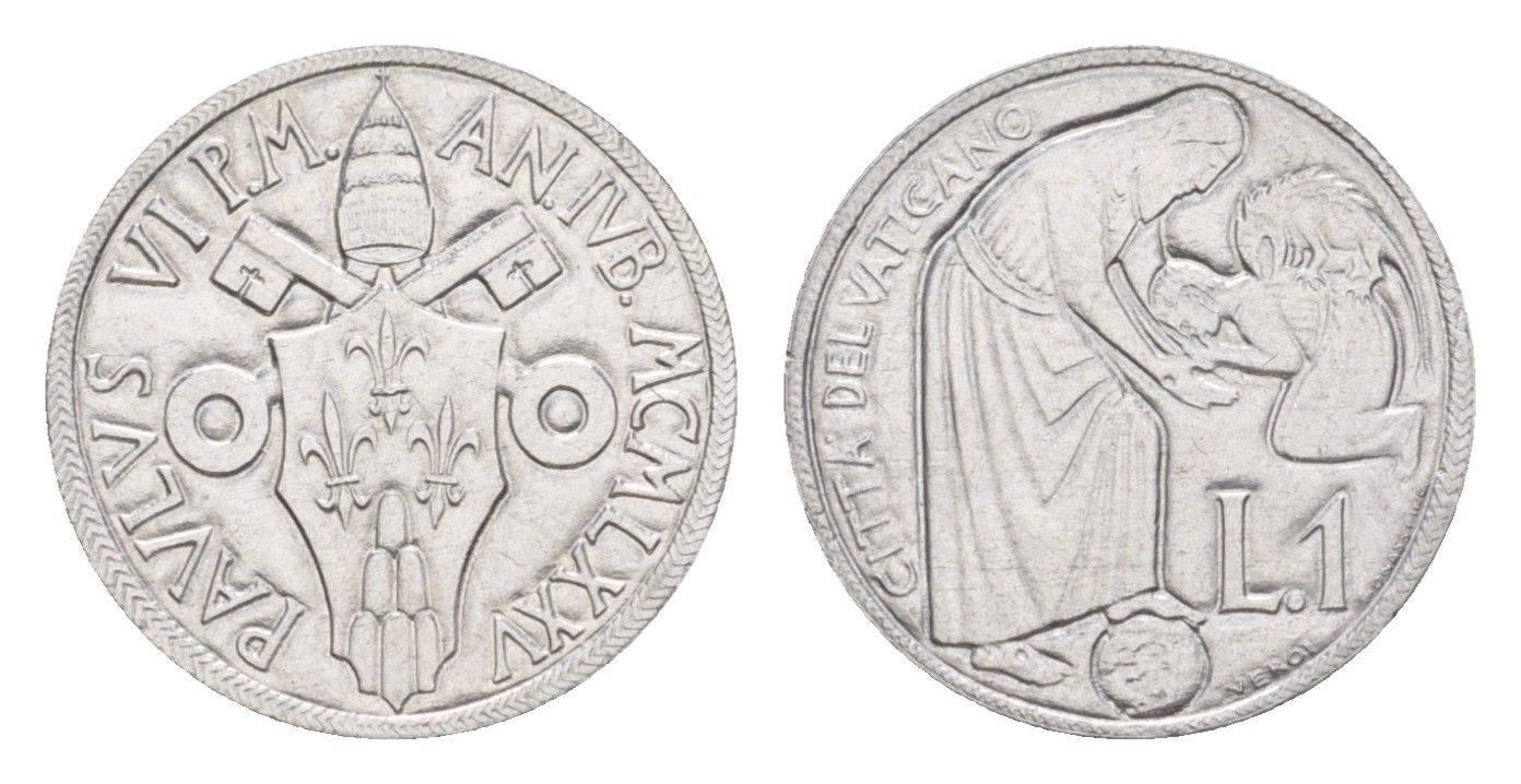 Ватикан 1 лира 1975 Священный год KM 124 алюминий UNC 4632-867