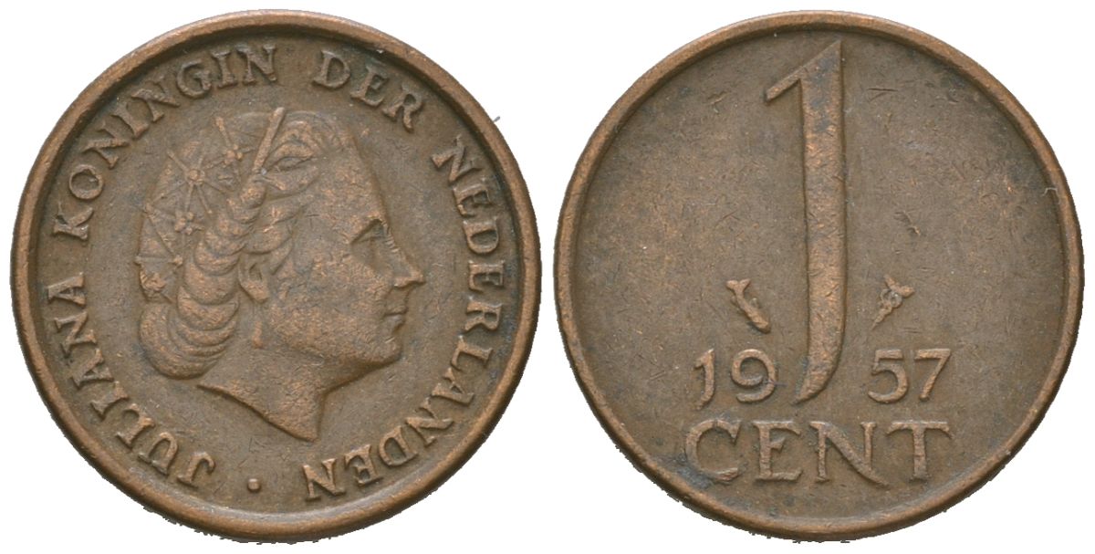 Нидерланды 1 цент 1957 Юлиана (1948-1980) KM 180 бронза 4621-611