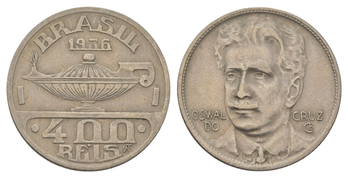 Бразилия 400 реалов 1936 Освалду Крус KM 539 медно-никель 4624-1221