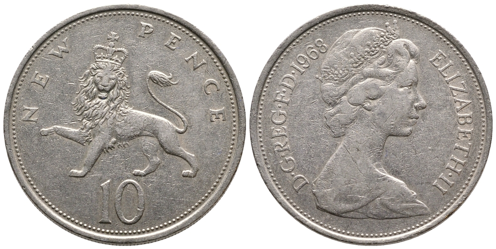 Великобритания 10 пенсов 1968 Елизавета II (1952-2022) KM 912, Spink 4231 (F1) медно-никель 86-1511
