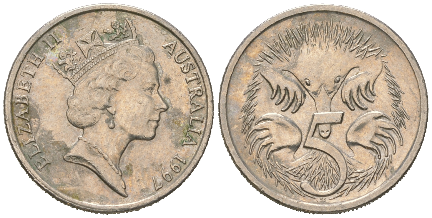 Австралия 5 центов 1997 Елизавета II (1952-2022), ехидна KM 80 медно-никель 4623-326
