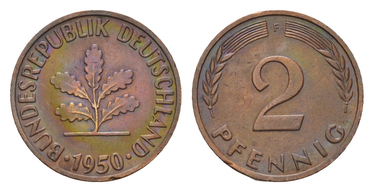 ФРГ 2 пфеннига 1950 F KM 106, J. 381 бронза 4594-143