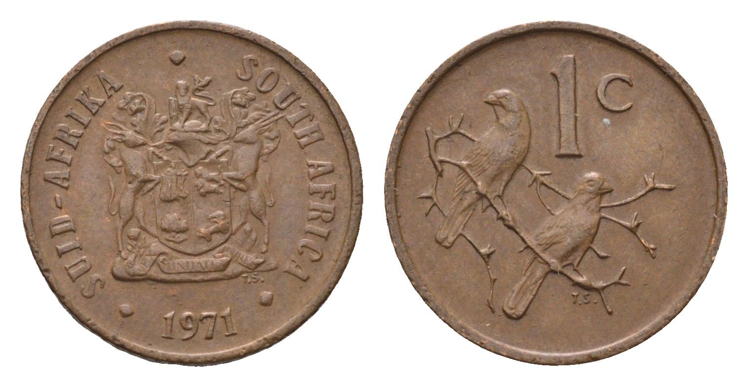 ЮАР 1 цент 1971 герб, капские воробьи KM 82 бронза 4690-1212