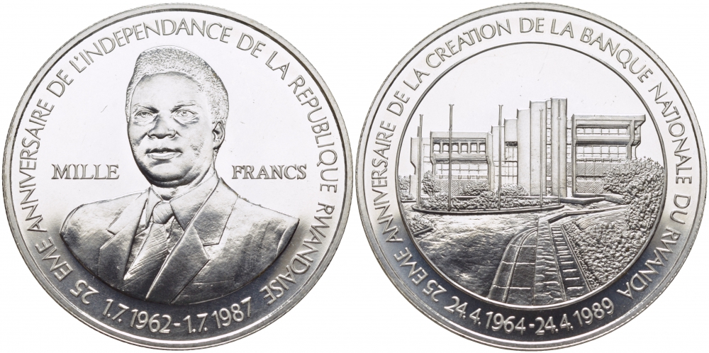 Руанда 1000 франков 1989 25 лет Национальному банку и 25 лет Независимости KM 17 серебро UNC 1071-9-21