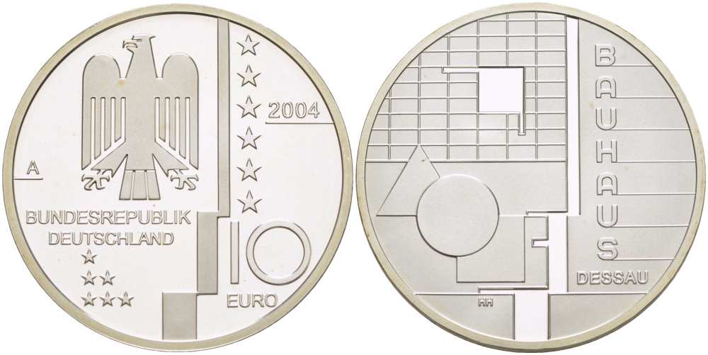 ФРГ 10 евро 2004 A, Баухауз в Дессау, геометрия KM 230, DE.S 10.13 серебро PROOF 1085-5-54