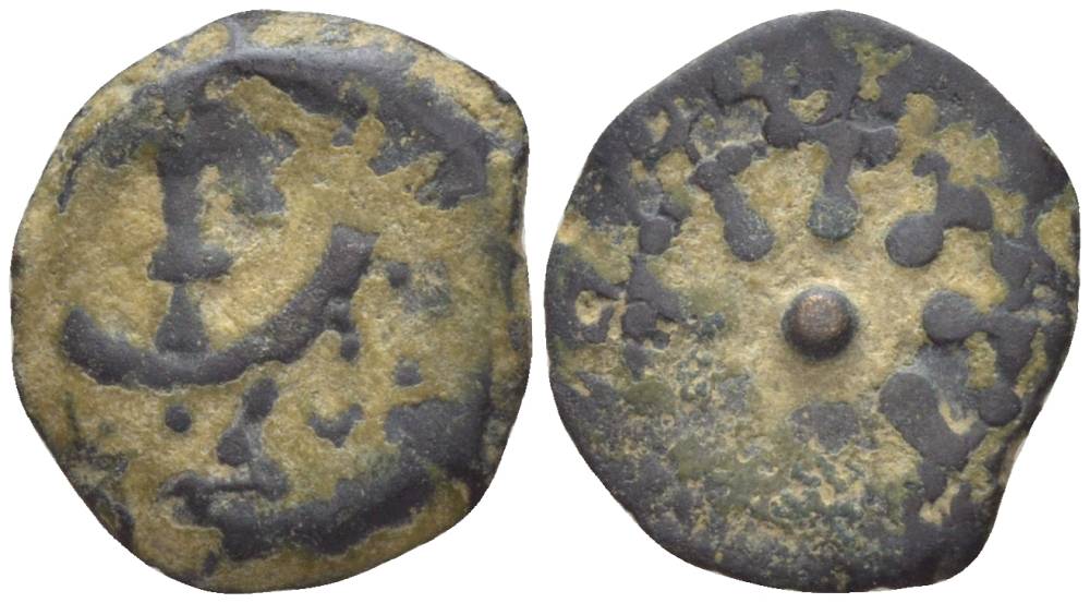 Иудея, династия Хасмонеев прута (известна как 'лепта вдовы') 104 - 76 гг. до н.э. Александр Яннай, греческая легенда 'Царя Александра', якорь / 8-ми лучевая звезда, между лучей та же легенда на иврите, Иерусалим Hendin 1150 медь 1073-21-93