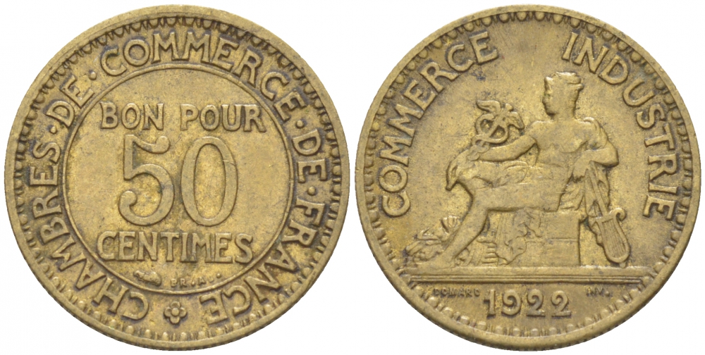 Франция 50 сантимов 1922 тип Chambre de Commerce KM 884, Le Franc 191.5 алюминиевая бронза 3309-146