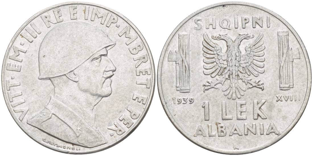 Албания 1 лек 1939 R, год XVIII, Итальянская оккупация, вторая мировая KM 31 нержавеющая сталь 4538-213