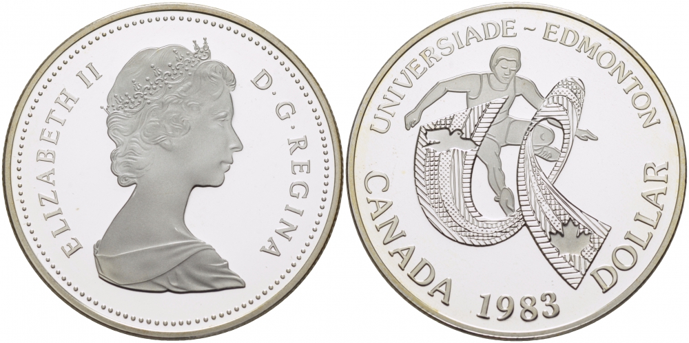 Канада 1 доллар 1983 XII летняя Универсиада в Эдмонтоне KM 138 серебро PROOF 04-302-14