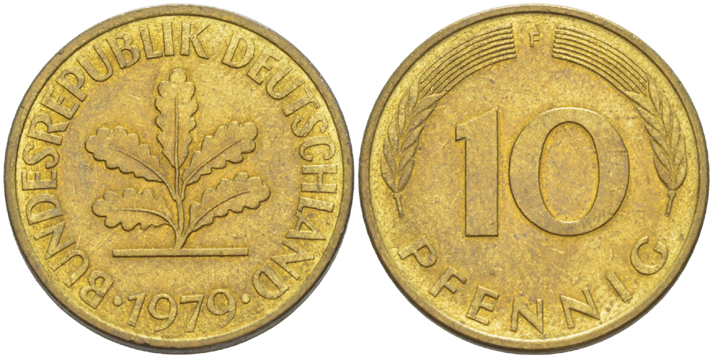 ФРГ 10 ПФЕННИГОВ 1979 F KM 108, J. 383 сталь плакированная латунью 4182-913