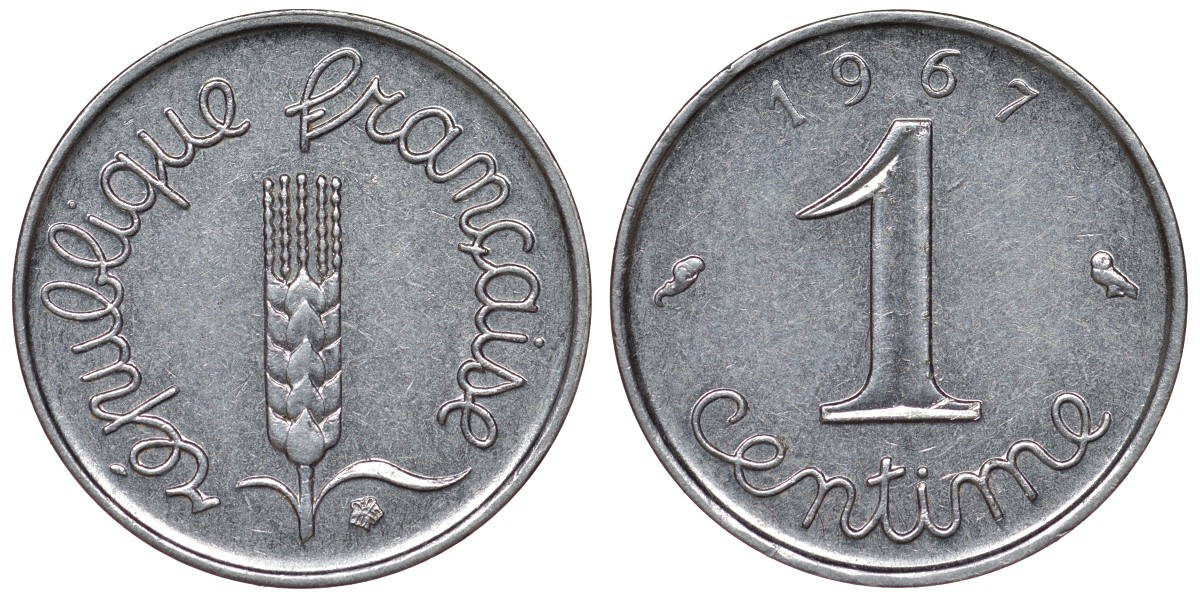 Франция 1 сантим 1967 пятая республика KM 928, Le Franc 106.13 нержавеющая сталь 4124-414