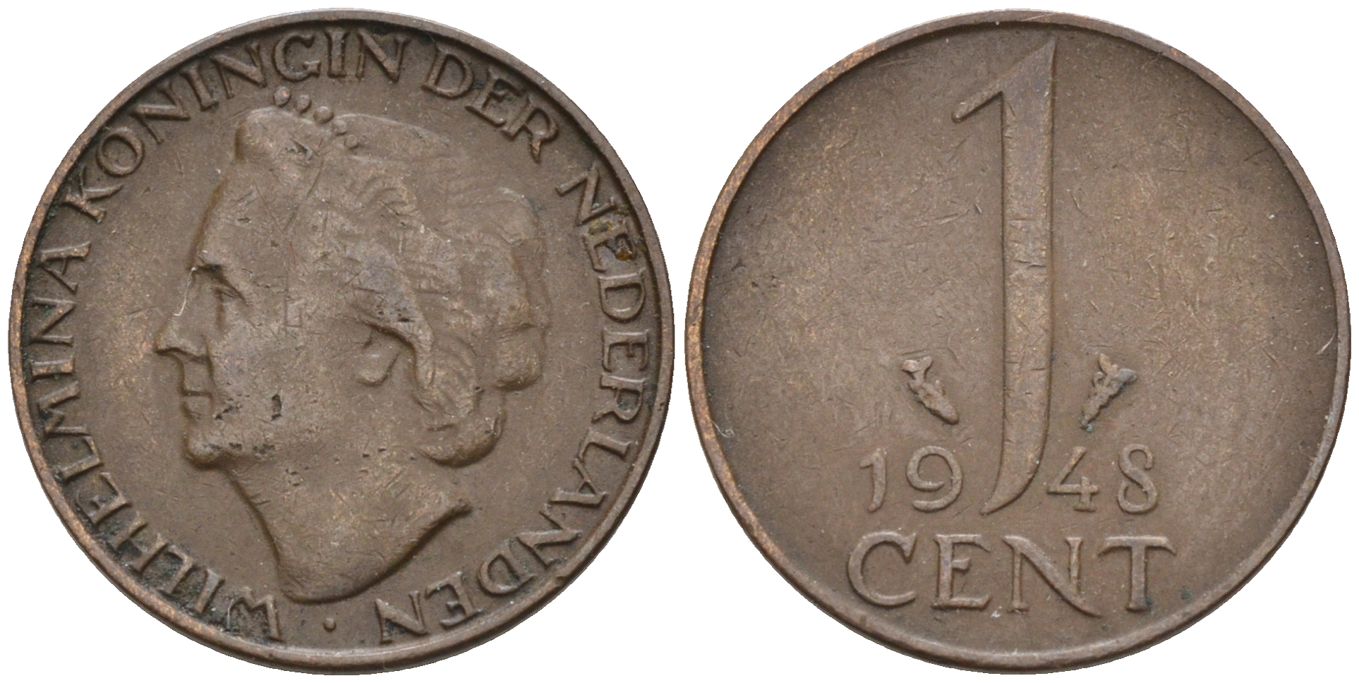 Нидерланды 1 цент 1948 Вильгельмина (1890-1948), год тип KM 175 бронза 4174-537