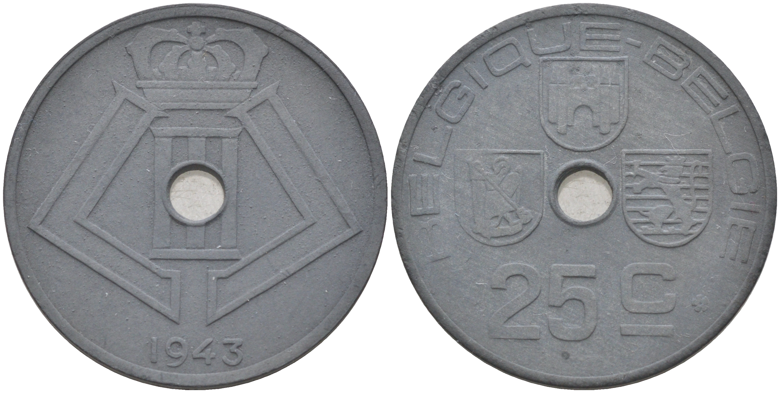 БЕЛЬГИЯ 25 САНТИМОВ 1943 BELGIQUE - BELGIE, ГЕРМАНСКАЯ ОККУПАЦИЯ, ВТОРАЯ МИРОВАЯ ВОЙНА KM 131 цинк 190-113