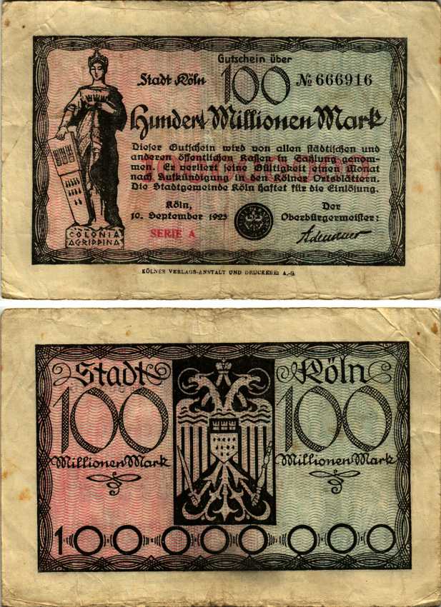 КЁЛЬН 100000000 МАРОК 1923 10 СЕНТЯБРЯ 1923, СЕРИЯ А, НОТГЕЛЬД бумага 8564-33-1