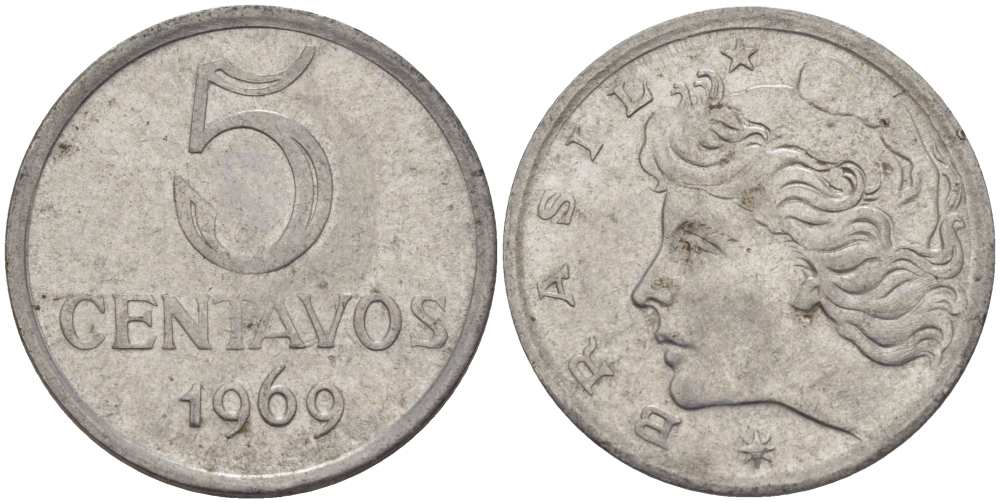 Бразилия 5 сентаво 1969 реформа 1967-1985, голова свободы влево KM 577.1 нержавеющая сталь 35-134