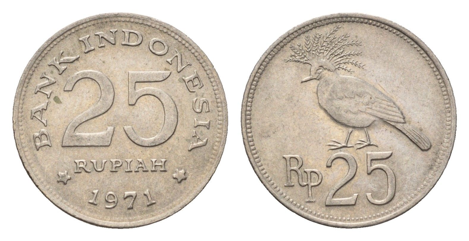 Индонезия 25 рупий 1971 венценосный голубь KM 34 медно-никель UNC 4701-1268