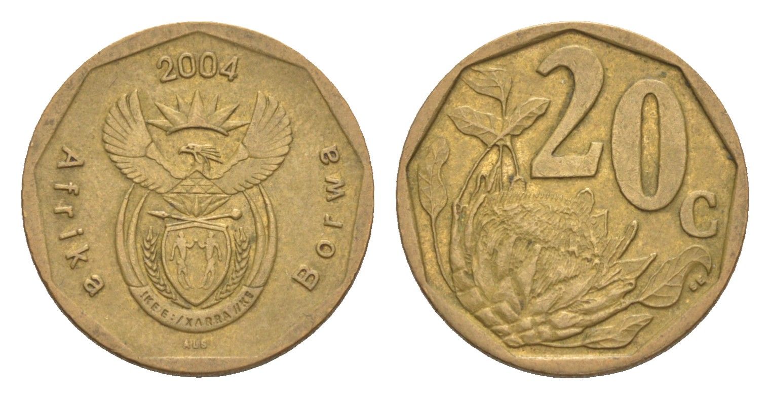 ЮАР 20 центов 2004 герб, цветок протея KM 328 сталь плакированная бронзой 4618-562