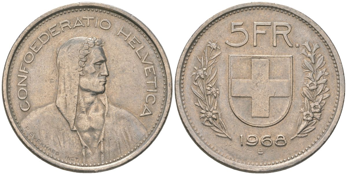 Швейцария 5 франков 1968 В, первый год KM 40а.1 медно-никель 4607-114