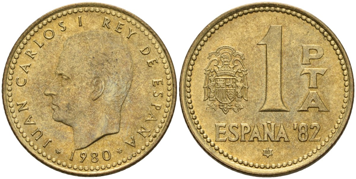 Испания 1 песета 1980 (80) Чемпионат мира по футболу 1982 года в Испании, Хуан Карлос I (1975 - 2014) KM 816 алюминиевая бронза 4605-755