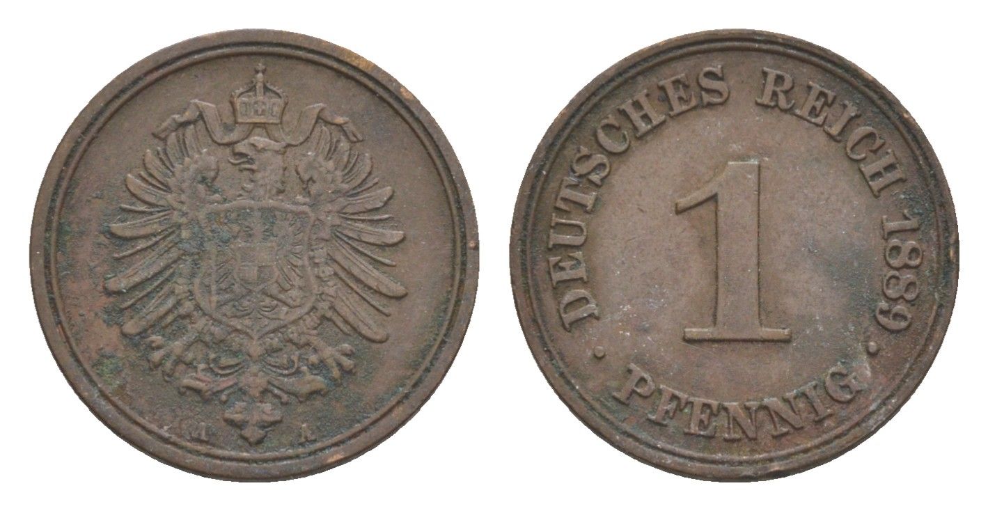 Германия 1 пфенниг 1889 A, Вильгельм II (1888-1918) KM 1, J. 1 медь 4639-1065