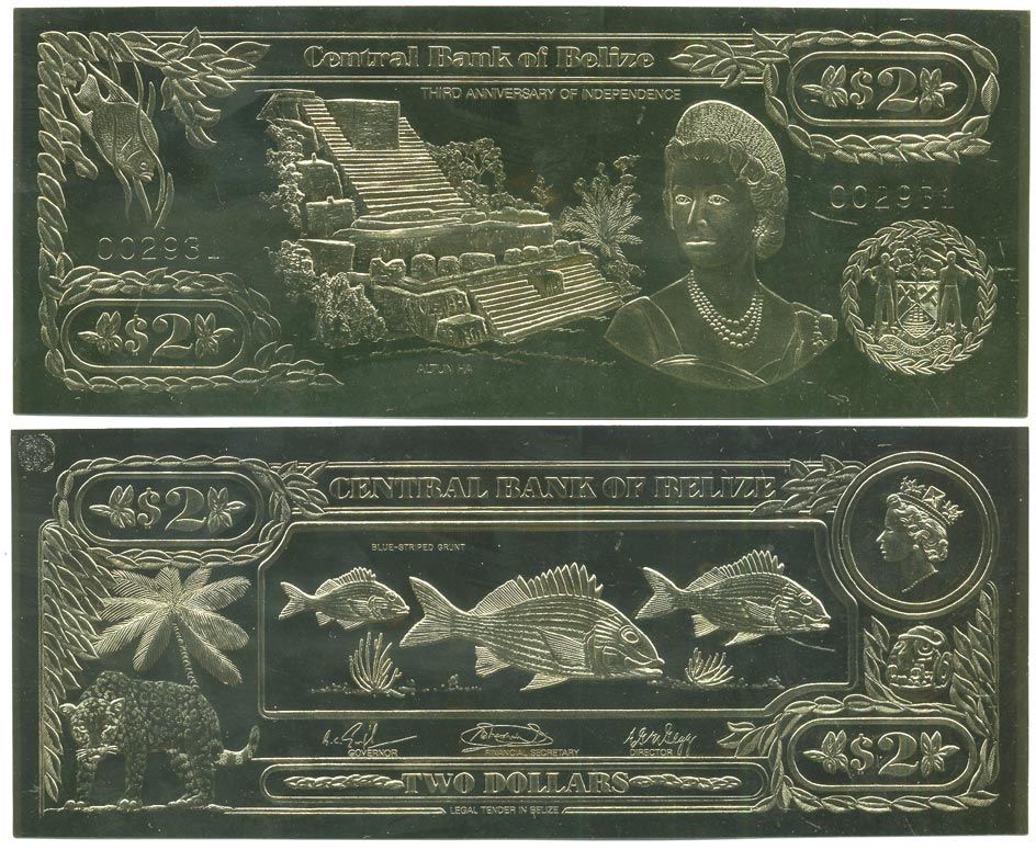 Белиз 2 доллара 1984 серия для коллекционеров, рыбы голубые золото, бумага UNC (пресс) 000-00-00