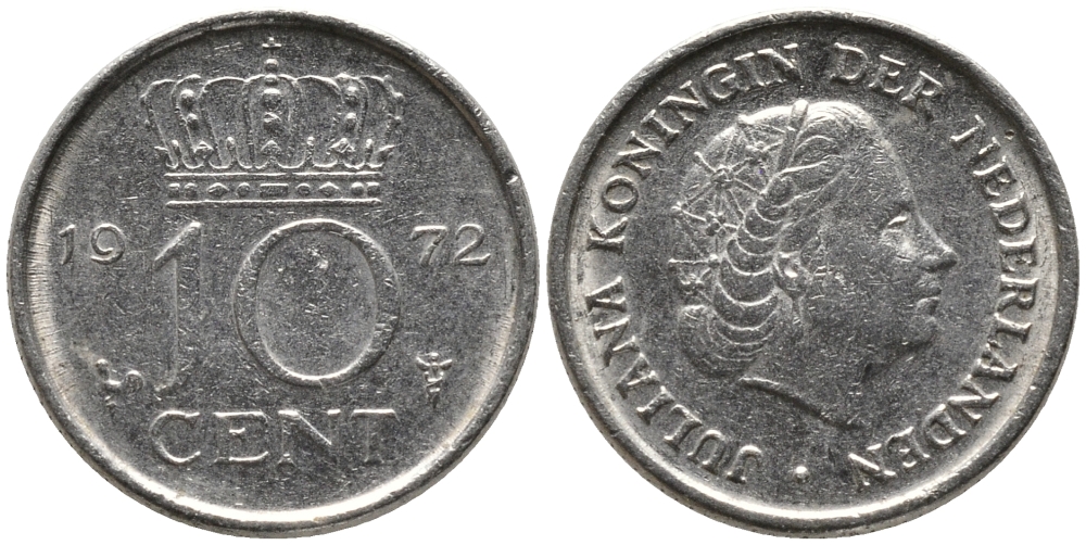 Нидерланды 10 центов 1972 Юлиана (1948-1980) KM 182 никель 4609-665