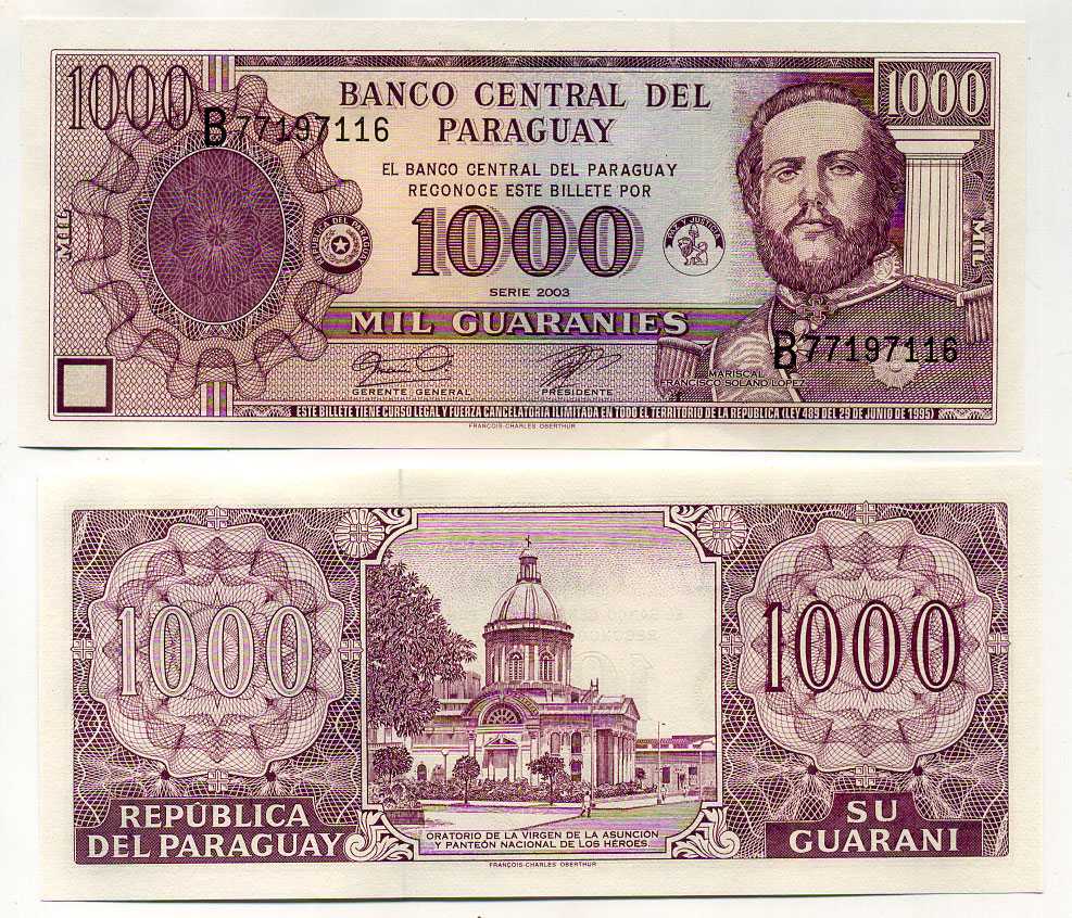 Парагвай 1000 гуарани 2003 Франсиско Солано Лопес, серия B Pick 214 c бумага UNC (пресс) 447-81-1