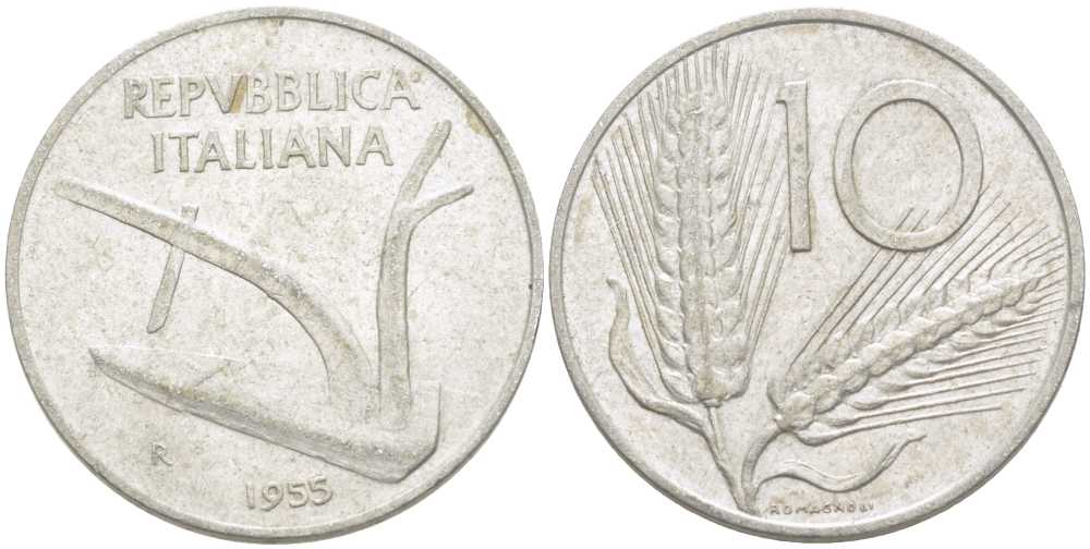 ИТАЛИЯ 10 ЛИР 1955 R, ПЛУГ, КОЛОСЬЯ KM 93 алюминий 175-352