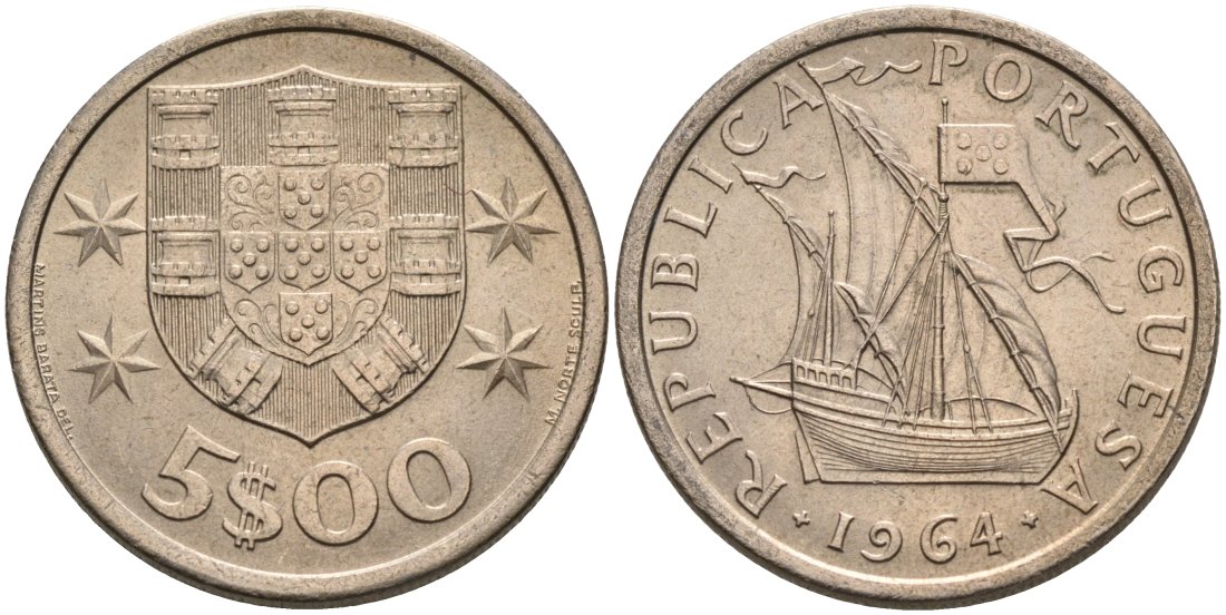 Португалия 5 эскудо 1964 парусник KM 591 медно-никель 4571-947