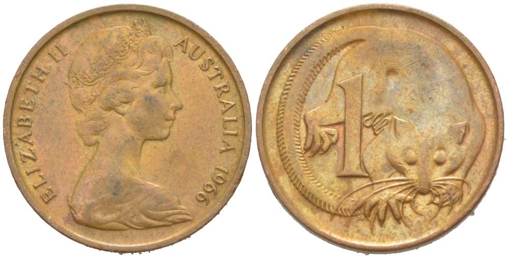 АВСТРАЛИЯ 1 ЦЕНТ 1966 ЕЛИЗАВЕТА II (1952-) МОЛОДОЙ ПОРТРЕТ, ОПОССУМ KM 62 бронза 3309-1269