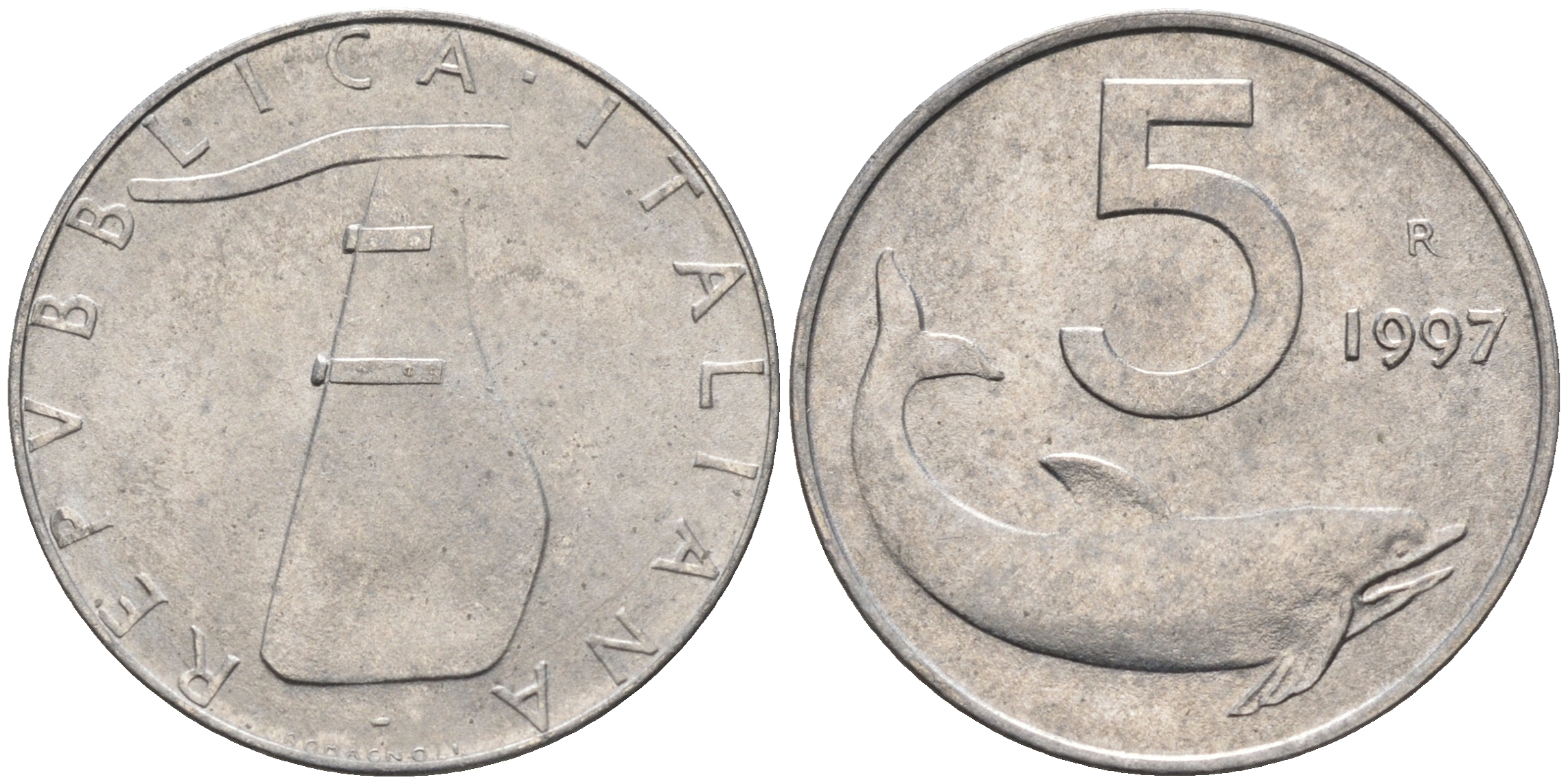 Италия 5 лир 1997 R, дельфин KM 92 алюминий  UNC  4594-638