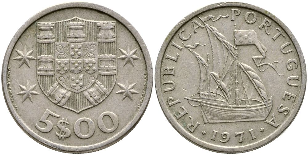 ПОРТУГАЛИЯ 5 ЭСКУДО 1971 ПАРУСНИК KM 591 медно-никель 4388-512