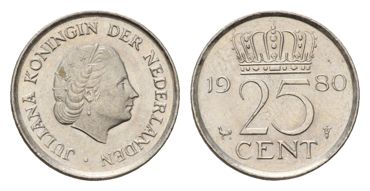 Нидерланды 25 центов 1980 Юлиана (1948-1980) KM 183 никель aUNC 192-1234