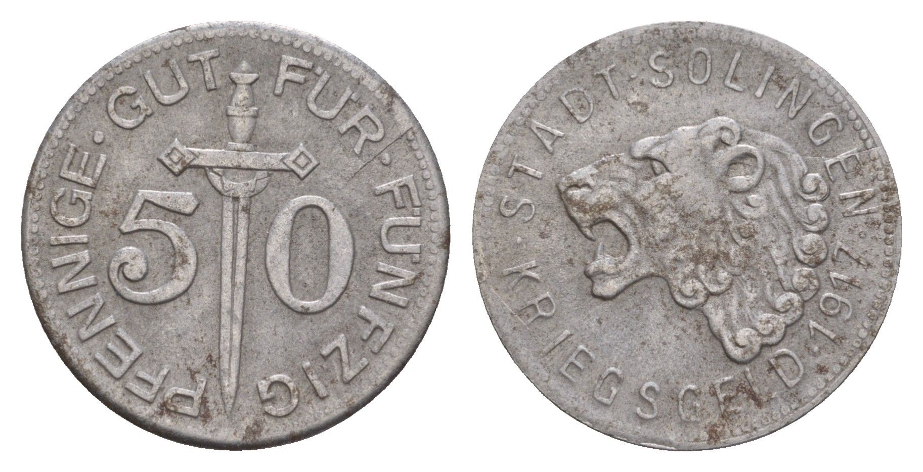 Золинген 50 пфеннигов 1917 Funck 508.2, Men05 23636.2, Men18 29571.2 железо 4657-1115