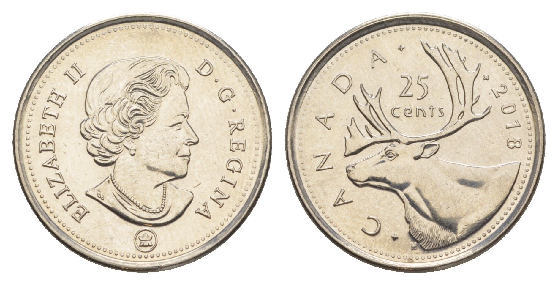 Канада 25 центов 2018 Leaf, Елизавета II (1952-2022), олень KM 493 сталь плакированная никелем UNC 4637-851